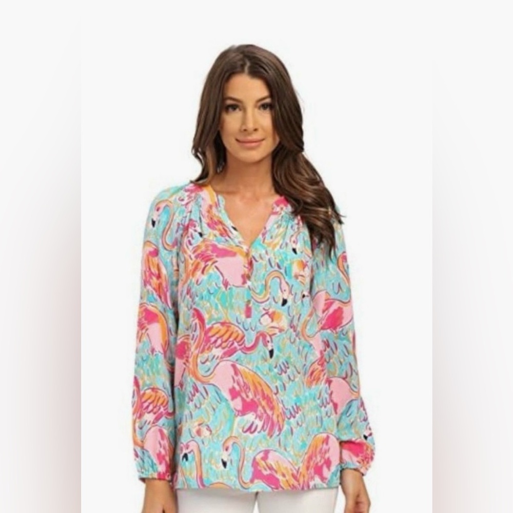 NWT Lilly Pulitzer Size XL 100% Silk Flamingo Print Elsa Top